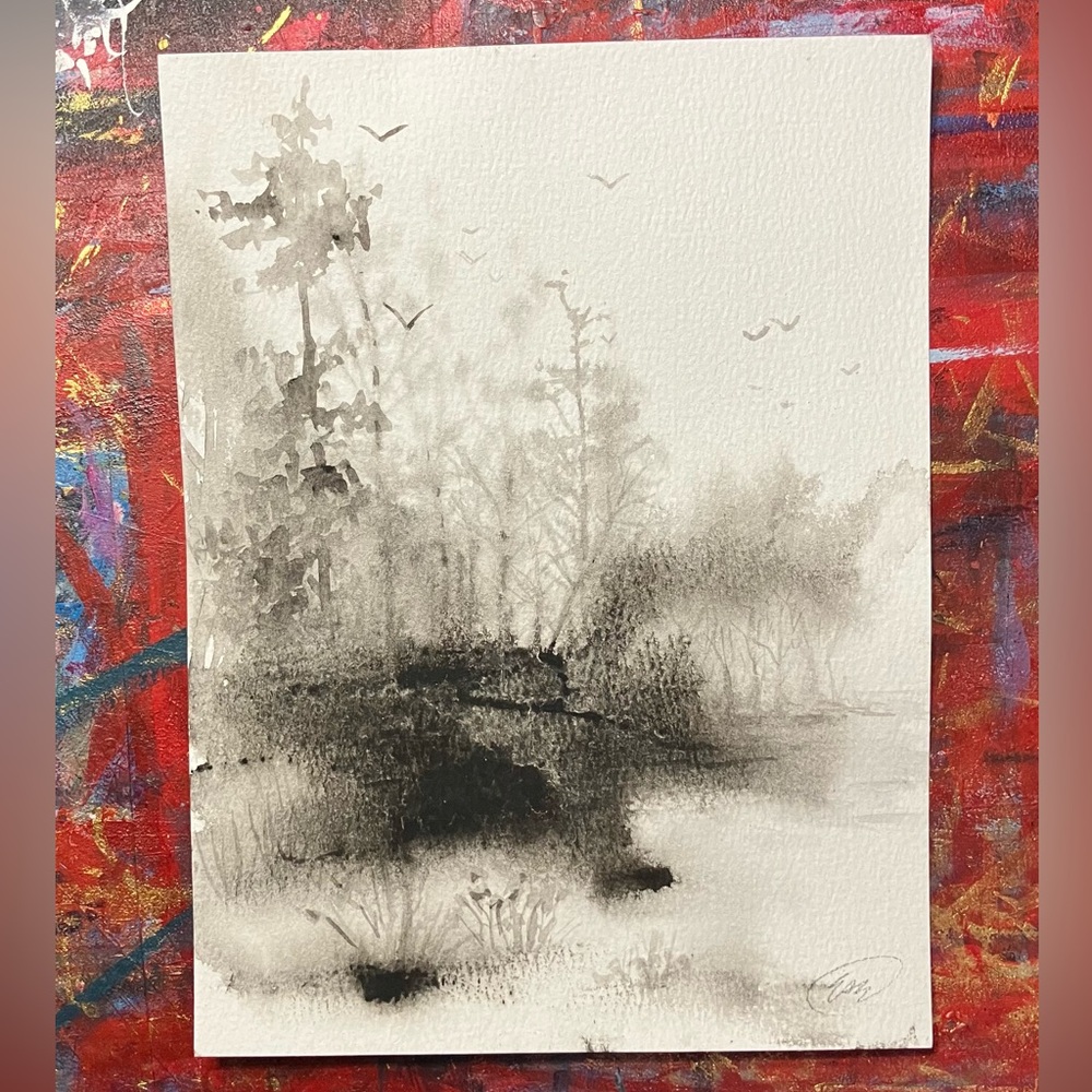 Original Watercolor Painting Misty Forest Landscape Birds Art by artist Ettina